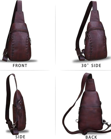 LRTO Genuine Leather Silng Bag for Women and Men Vintage Real Leather Sling Backpack Shoulder Crossbody Bag Chest Purse