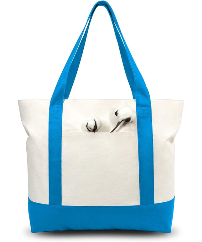 TOPDesign 6-Pack Canvas Tote Bags with an External Pocket, Reusable Grocery Shopping Bags, Top Zipper Closure, Daily Essentials (Ocean Blue/Natural)