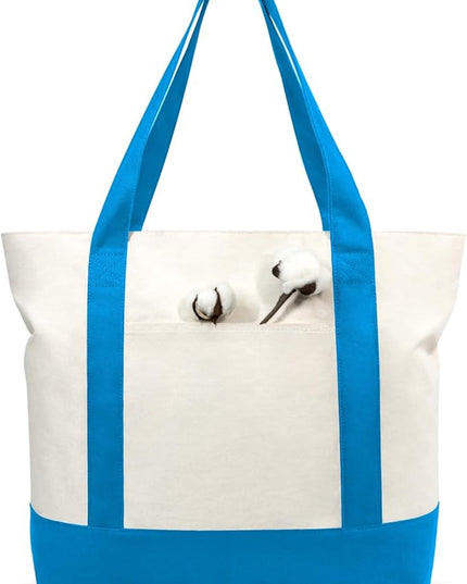 TOPDesign 1-Pack Canvas Tote Bag with an External Pocket, Reusable Grocery Shopping Bag, Top Zipper Closure, Daily Essentials (Ocean Blue/Natural)