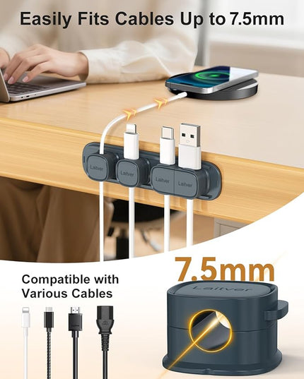 6 Pack Magnetic Cable Clips [1s Open/Lock], Laitver Cord Organizer Holder Strong Adhesive Desk Cable Management- Organize Charging Cords Neatly for Home, Office, Car,Desk, Nightstand-Sea Blue