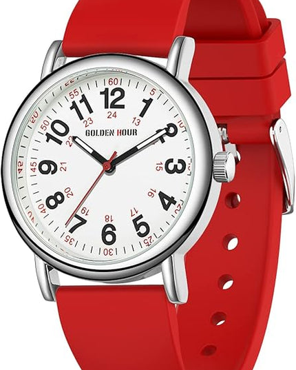 GOLDEN HOUR Waterproof Nurse Watch for Medical Professionals, Students Women Men - Military Time Luminouse Easy Read Dial, 24 Hour with Second Hand, Colorful Silicone Band