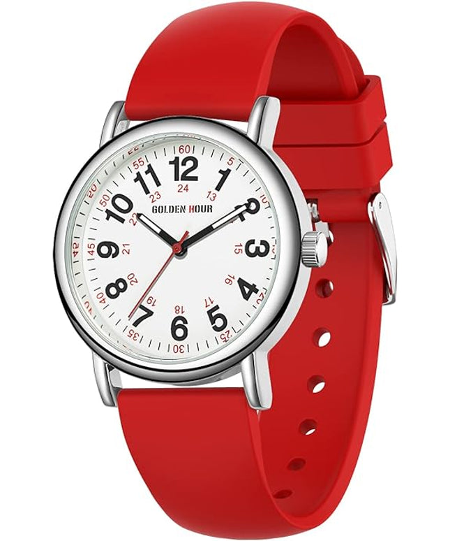 GOLDEN HOUR Waterproof Nurse Watch for Medical Professionals, Students Women Men - Military Time Luminouse Easy Read Dial, 24 Hour with Second Hand, Colorful Silicone Band