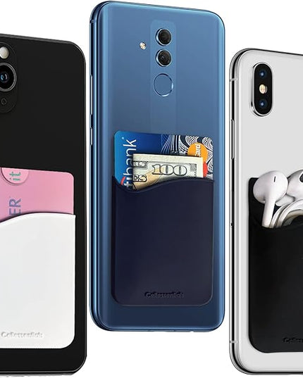USA Merchant Redesigned Card Holder - Silicone Stick on Cell Phone Wallet with Pocket for Credit Card ID Business Card - iPhone Android & Smartphones Black, White, Navy