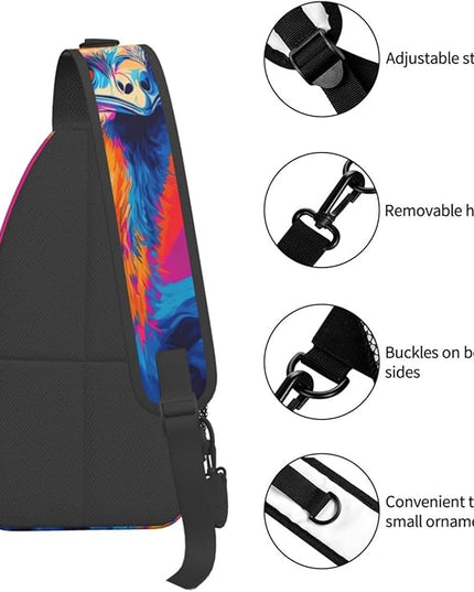 Animal Face Sling Bag Crossbody Bags Chest Bag Backpack for Travel Running and Hiking for Men Women Colorful Ostrich
