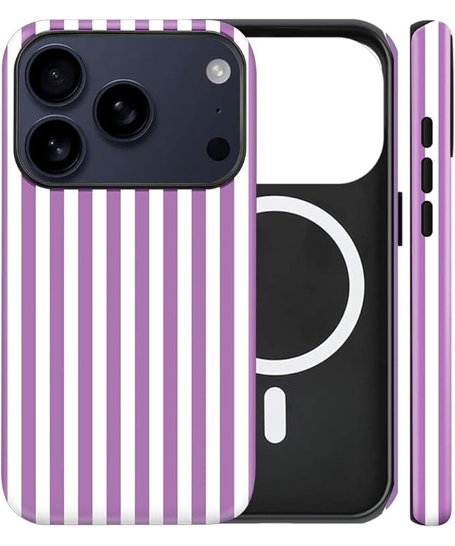 Magnetic for iPhone 17 Pro Case Cute Stripes Phone Case, Shockproof Slim TPU and Hard PC Protective Phone Cover Compatible with MagSafe Designed for Women Girls, Purple