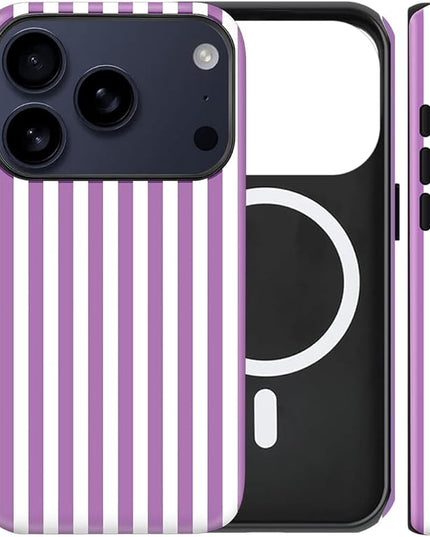 Magnetic for iPhone 17 Pro Max Case Cute Stripes Phone Case, Shockproof Slim TPU and Hard PC Protective Phone Cover Compatible with MagSafe Designed for Women Girls, Purple