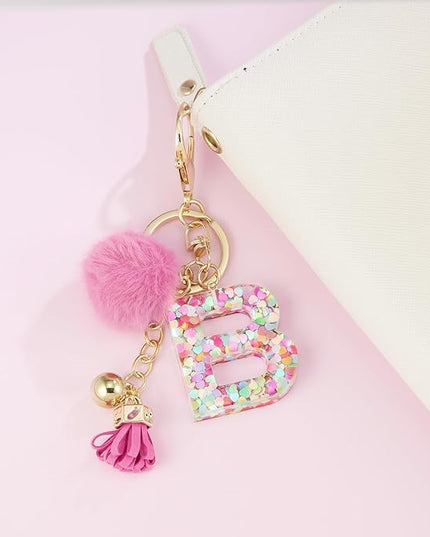 Resin Alphabet Initial Letter Keychain Keyring for Women Purse Handbags With Fur Ball Pom