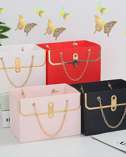 JHXTZ 10 Pack Flower Paper Gift Bags with 12pcs Gold Dazzle 3D Butterfly Decoration, Portable Floral Handbag Box with Metal Chain, Florist Carrier for Valentine's Day Birthday Gifts(Red)