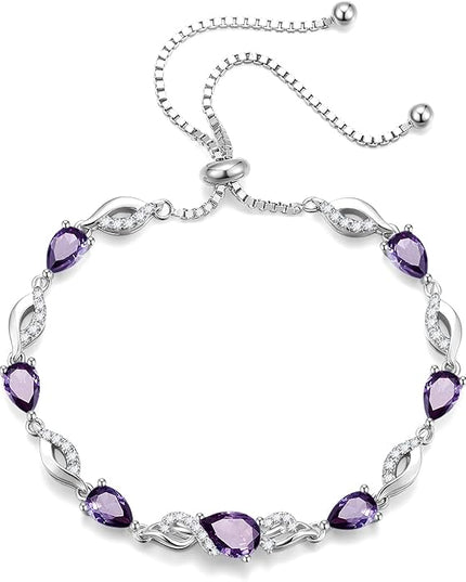 FANCIME Birthstone Teardrop Tennis Bracelet for Women, Sterling Silver 9x7mm main Gemstone Bolo Adjustable Chain Bracelet Fine Jewelry Birthday Gifts for Women Mom Wife Her