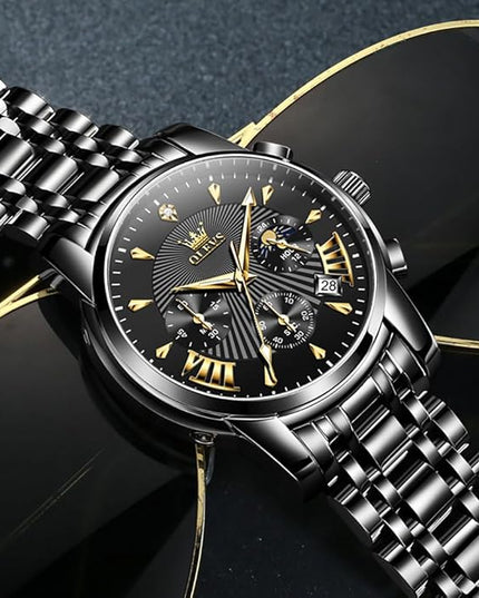 OLEVS Men's Luxury Watch Waterproof Luminous Easy Read Chronograph Watches Full Gold/White Dail/Black Face with Calendar Wristwatch