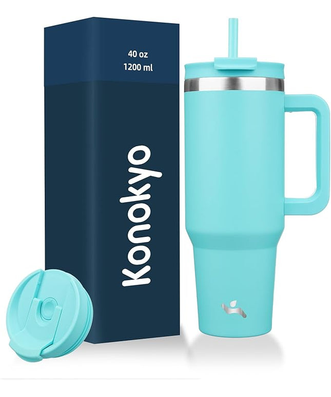 40 oz Tumbler with Handle and 2 Straws,2 in 1 Lid Insulated Water Bottle Stainless Steel Travel Coffee Mug,Turquoise