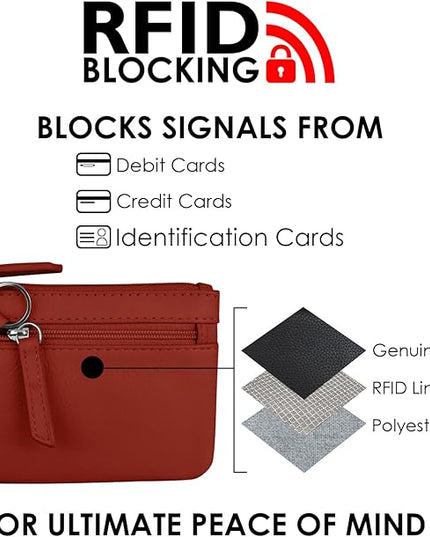 ili New York Mini Leather Coin Purse, Compact Design with Key Ring and RFID Protection for Women and Men in Vibrant Colors, Red