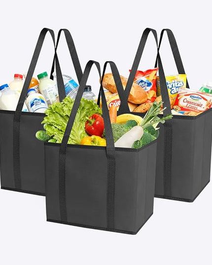 DOUKE Reusable Grocery Tote Bags, 3-Pack Heavy Duty Reusable Shopping Bags with Long Handles, Large Box Shape Tote Bags to Stand Up, Stay Open, Fold Flat (Black)