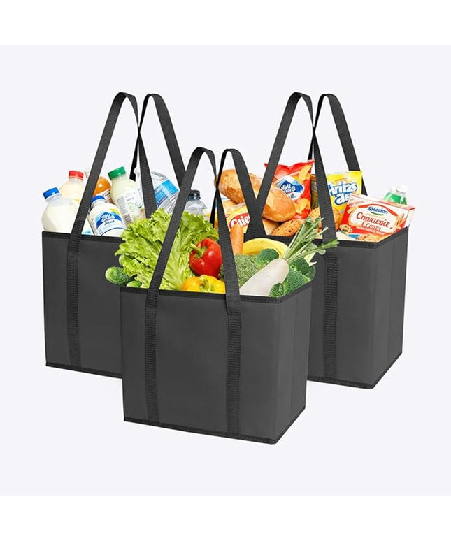DOUKE Reusable Grocery Tote Bags, 3-Pack Heavy Duty Reusable Shopping Bags with Long Handles, Large Box Shape Tote Bags to Stand Up, Stay Open, Fold Flat (Black)
