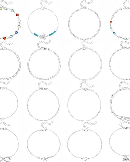 Starain 12Pcs Summer Beach Anklets for Women Waterproof Gold Silver Chain Ankle Bracelets Cute Women's Foot Anklet Set 7.9-10.5 inch Adjustable