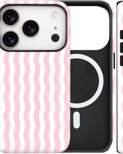 Magnetic for iPhone 17 Pro Case Cute Wavy Stripes Phone Case, Shockproof Slim TPU and Hard PC Protective Phone Cover Compatible with MagSafe Designed for Women Girls, Pink
