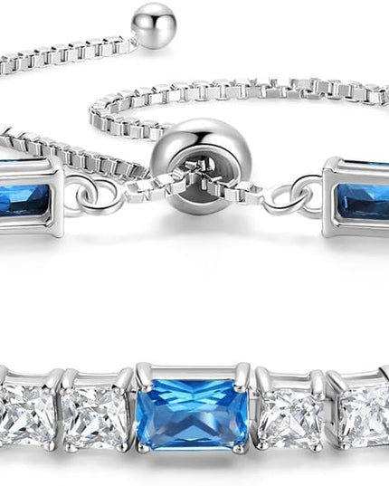 FANCIME Birthstone Bracelet for Women, Sterling Silver 4x6mm Gemstone Tennis Bracelet Bolo Adjustable Chain Fine Jewelry Birthday Gifts for Women Mom Wife Her