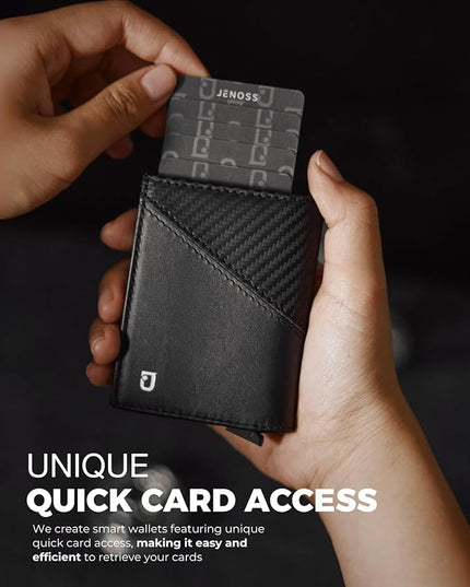 Jenoss Smart Wallet For Men: Full Grain Leather, Handcrafted, Slide Metal Pop Up Case, Slim RFID Blocking Credit Card Holder, Minimalist Compact 12 Cards Slot Organizers ID Money Clip (Black & Carbon)