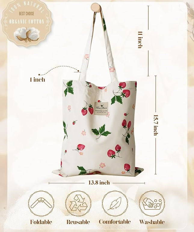 Aesthetic Cotton Tote Bag for Women - Reusable Shoulder Bag with Buckle Fabric Bag for Gym, Travel, Work