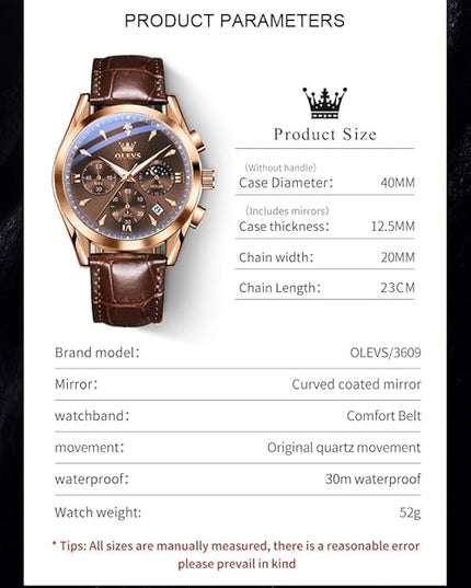 OLEVS Men's Watches Leather Strap Analog Quartz Watch, Fashion Big Dial Date Waterproof Watch, Dress Luxury Luminous Men Watches