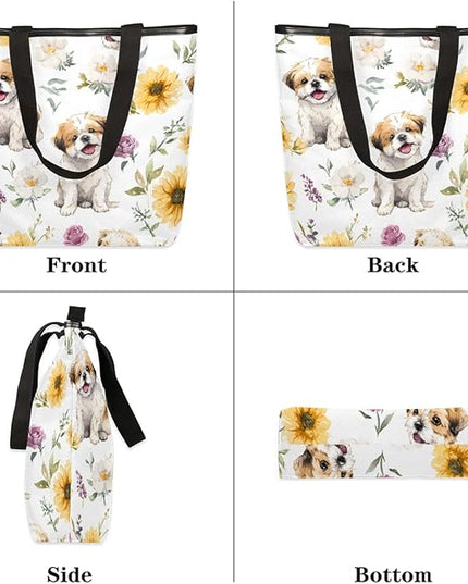 Pardick Canvas Tote Bags, Cute Dog Flower Tote Bag Eco Friendly Reusable Grocery Shopping Bagsfor Beach, Books, Women with Zipper Inner Pocket