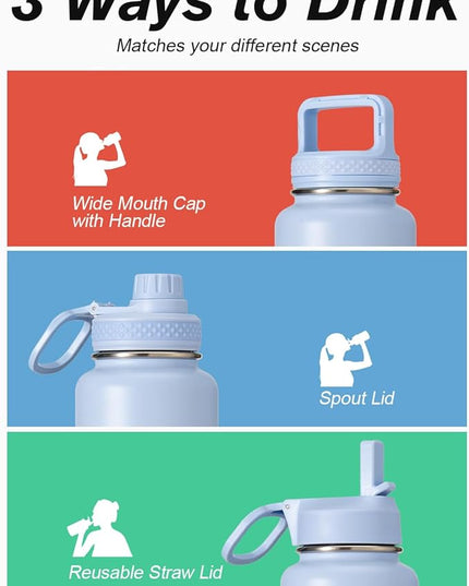 Water Bottle 32 oz Insulated with Straw, Coolflask Stainless Steel Metal 3 Lids Water Flask Wide Mouth for Sports or Office, Non-BPA Keep Cold Up to 48 Hrs or Hot Up to 24 Hrs, Light Blue