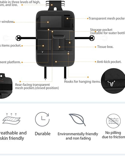 GMQ Back Seat Car Organizer 1 Pack,Backseat Organizer with Tray,Multifunctional Car Seat Back Storage Box with Foldable Tablet Holder (Black, Plain weave)