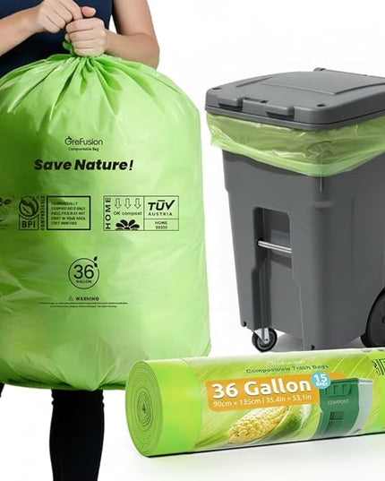 GreFusion Compostable 36 gallon Trash Bags, Extra Thick 1.28 Mills, Compost 36 Gal Trash Bags (Kitchen Tall Garbage Bags), Compostable Lawn & Leaf Yard Waste bags,ASTM D6400,Bpi Certified
