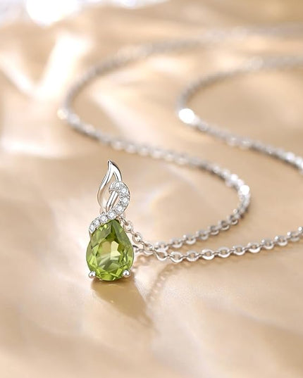 FANCIME 14K Solid White Gold Teardrop Pendant with Diamond Birthstone Necklace
