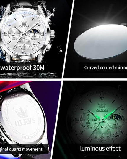 OLEVS Men's Watches Leather Strap Analog Quartz Watch, Fashion Big Dial Date Waterproof Watch, Dress Luxury Luminous Men Watches