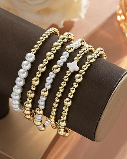 Gold Beaded Bracelets for Women, 14K Real Gold Plated Jewelry for Women Dainty Pearl Bead Bracelets Stack, Non Tarnish Trendy Stackable Ball Cross Stretch Bracelet Set Fashion Accessories Gifts