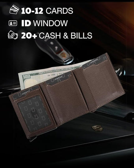 Jenoss Smart Wallet For Men: Full Grain Leather, Handcrafted, Slide Metal Pop Up Case, Slim RFID Blocking Credit Card Holder, Compact 12 Cards Slot Organizers, ID, Money Clip (Brown & Cream)