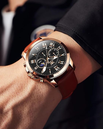 OLEVS Men's Watches Leather Strap Analog Quartz Watch, Fashion Big Dial Date Waterproof Watch, Dress Luxury Luminous Men Watches