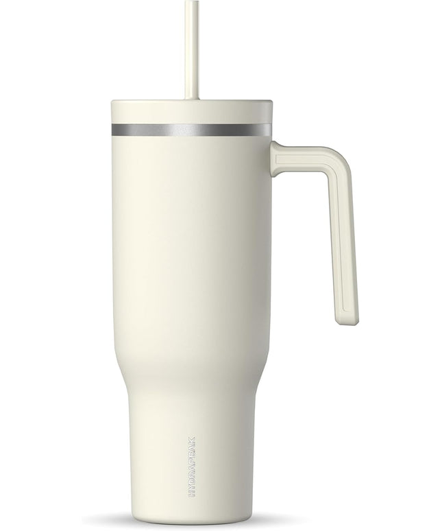 Hydrapeak Voyager 40 Oz Stainless Steel Tumbler with Handle, Insulated Water Bottle With Straw & Lid, Cupholder Friendly Reusable Travel Mug (Ivory)