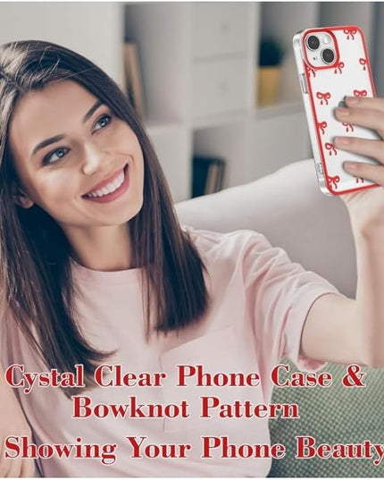 Designed for iPhone Case,Clear Cute Ribbon Bowknot Pattern Aesthetic Transparent Phone Case Raised Camera Protection Stylish Slim Soft Phone Case (Red,iPhone 12)