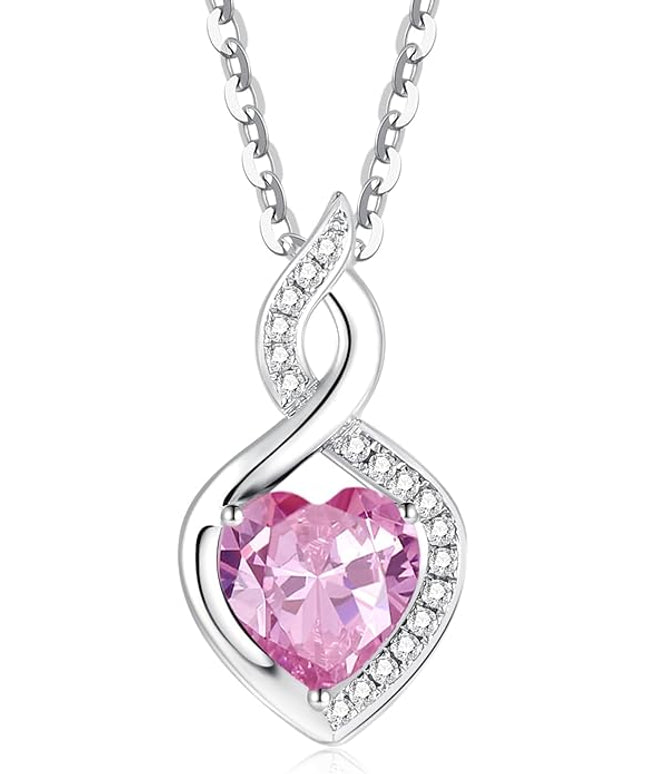 FANCIME 14K Solid White Gold Heart Birthstone Necklace with Diamond Pendent Birthday Gifts for Mom Women, Sterling Silver Chain 16" + 2" Extender