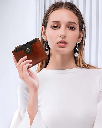 Blucoay Leather Wallet Women,RFID Blocking Womens Wallet Bifold Compact Small Wallet for Women Card Holder with Zip Coin Pocket Brownblack