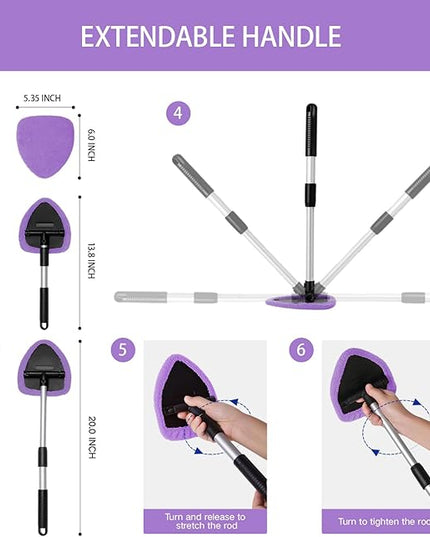 11pcs Windshield Cleaner Tool, Car Window Cleaning Wash Kit with 6 Reusable Microfiber Pads 2 Spray Bottles and Extendable Handles Auto Glass Wiper Kit, Purple