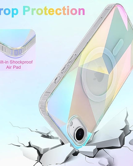 Cute Case for iPhone 16e Case for Women Girls [ Compatible with Magsafe ] Clear Glitter Girly Aesthetic Rainbow Sparkly Bling Magnetic Phone Cover, Iridescent Geometry
