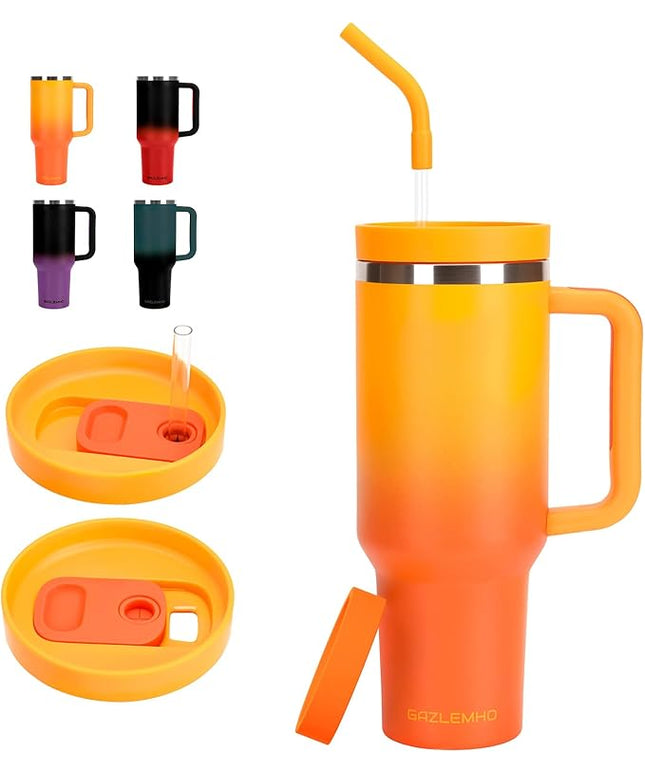 40oz Tumbler with Handle and Straw Spout 2-in-1 Lid, Spill Leak Proof Insulated Travel Cup Traveler Water Mug Keep Cold Hot, Dishwasher Safe Stainless Steel Bottle Gifts for Women Men, Ombre Orange