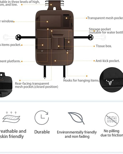 GMQ Back Seat Car Organizer 1 Pack,Backseat Organizer with Tray,Multifunctional Car Seat Back Storage Box with Foldable Tablet Holder (Coffee, Plain weave)