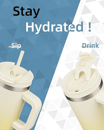 40 oz Tumbler with Handle and 2 Straws,2 in 1 Lid Insulated Water Bottle Stainless Steel Travel Coffee Mug,Lemon