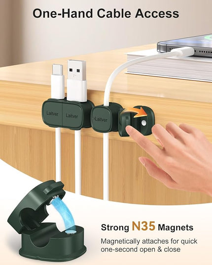 6 Pack Magnetic Cable Clips [1s Open/Lock], Laitver Cord Organizer Holder Strong Adhesive Desk Cable Management- Organize Charging Cords Neatly for Home, Office, Car,Desk, Nightstand-Dark Green