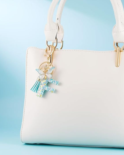 Fashion Alphabet Initial Letter Keychain Tassel Butterfly Pendant Key Ring for Purse Handbags Women Girl