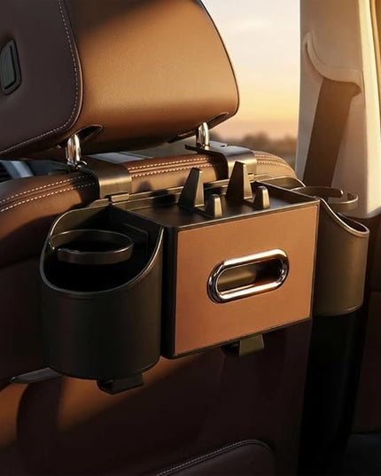 Car Organizer and Storage Box, 4 in 1 Multifunctional with 2 Cup Holders Tissue Box and 2 Hooks, Back Seat Car Organizer, Car Back Seat Storage Organizer (Brown)