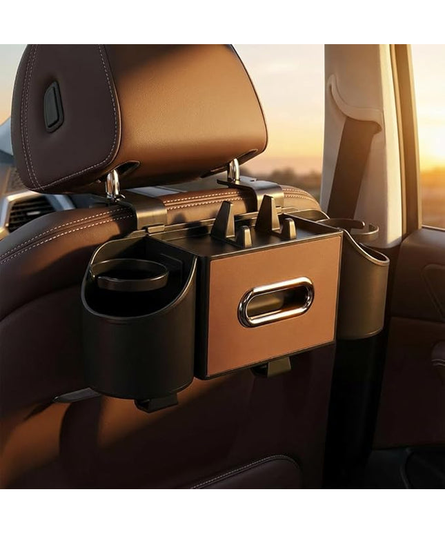 Car Organizer and Storage Box, 4 in 1 Multifunctional with 2 Cup Holders Tissue Box and 2 Hooks, Back Seat Car Organizer, Car Back Seat Storage Organizer (Brown)