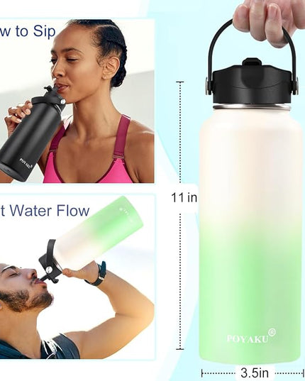Water Bottle Insulated 32oz 40oz 64oz 128oz Straw Lid Spout Lid & 3 Lids, Leak Proof, Vacuum Insulated,Stainless Steel Water Bottle Wide Mouth for Sports, Gym or Office