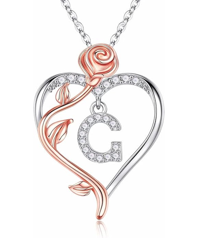Iefil Christmas Gifts for Women Wife - 925 Sterling Silver Rose Heart Initial Necklace, Anniversary Birthday Gifts for Women, Jewelry Gift for Her Wife Girlfriend Mom Daughter