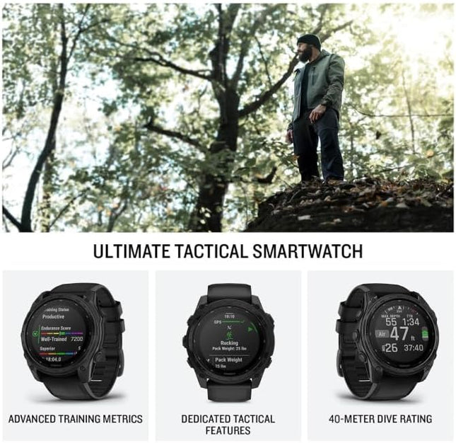 Garmin Tactix 8, 51mm Solar, Elite, Titanium Bezel, Sapphire Lens, Premium Tactical GPS Smartwatch, Includes Applied Ballistics Ultralight Elite Solver, 40M Dive Rating w/Wearable4U PowerBank Bundle