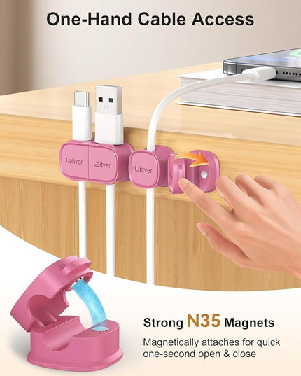 6 Pack Magnetic Cable Clips [1s Open/Lock], Laitver Cord Organizer Holder Strong Adhesive Desk Cable Management- Organize Charging Cords Neatly for Home, Office, Car,Desk, Nightstand-Rose Red